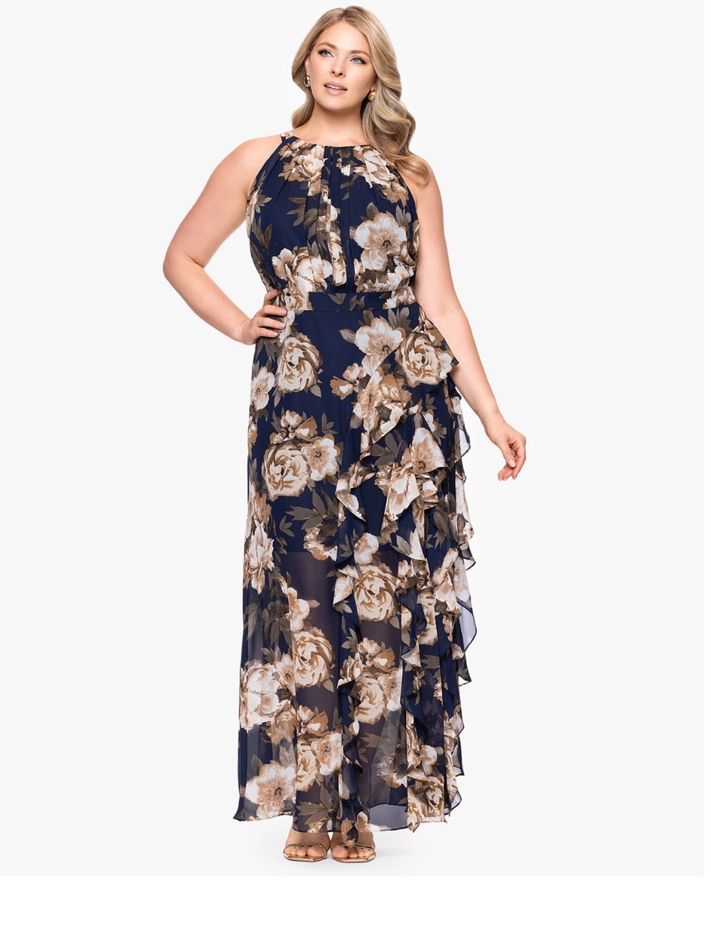 Betsy & Adam Printed Chiffon Halter Gown